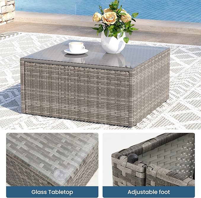 Wisteria Lane 8 Pieces Outdoor Patio Furniture Set with 43" Fire Pit Table, Wicker Outdoor Patio Sectional Sofas with Coffee Table, All-Weather Patio Conversation Set for Backyard Garden, Light Blue