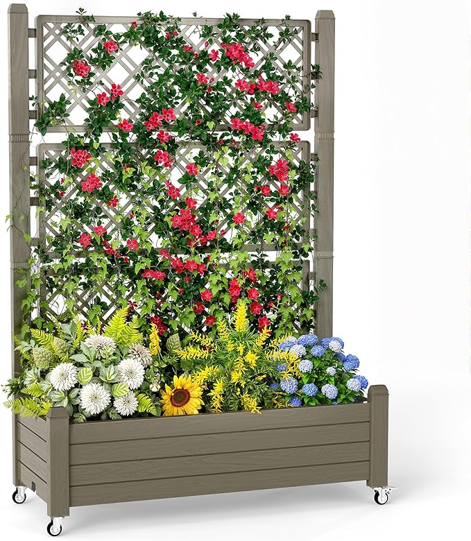 Raised Garden Bed with Trellis, 21 Gallon Self Watering Planter Box with Lockable Wheels & Drainage Holes for Climbing Plants Vegetables Flowers, Anti-Rust Resin for Backyard Patio (Grey)