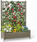 Raised Garden Bed with Trellis, 21 Gallon Self Watering Planter Box with Lockable Wheels & Drainage Holes for Climbing Plants Vegetables Flowers, Anti-Rust Resin for Backyard Patio (Grey)