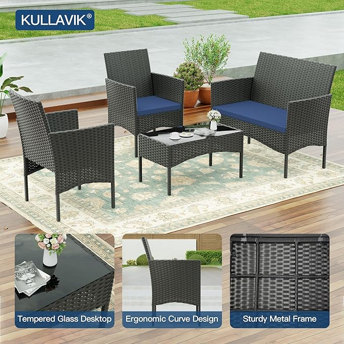 Kullavik 4 Pieces Outdoor Patio Furniture Set,PE Wicker Rattan Chairs Garden Conversation Sets with Tempered Glass Table and Soft Cushions for Lawn,Pool or Backyard,Navy Blue