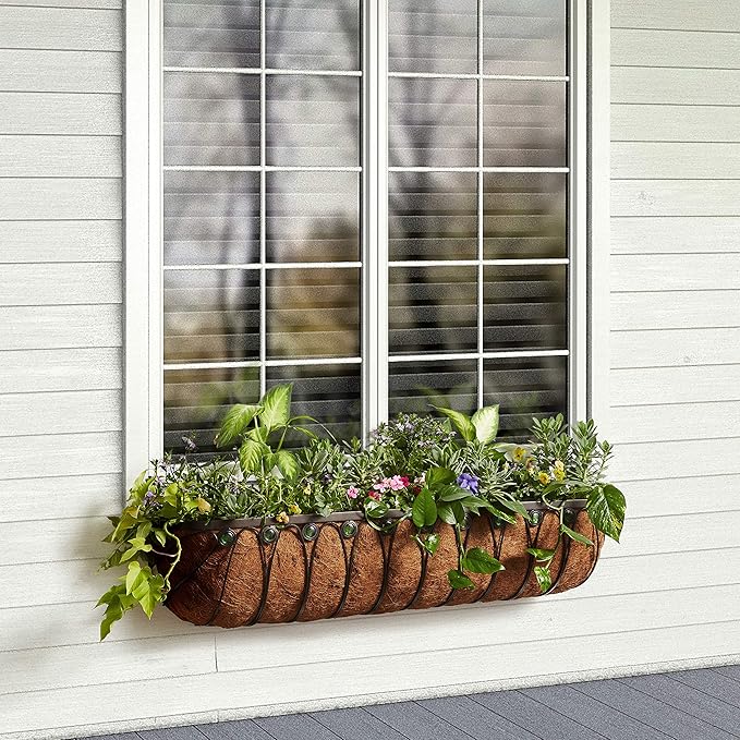 Arcadia Garden Products Hanging Window Basket Metal Trough Flower Planter with Coco Liner for Outdoor Windowsill, Railing, Patio, Garden, Balcony, Fence, 48-inch