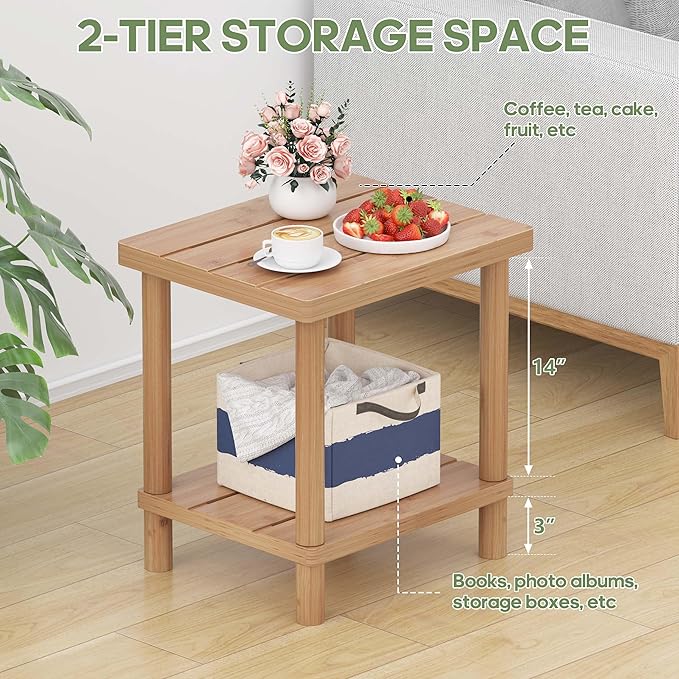 Outdoor Side Table, 2-Tier Small Outdoor Table for Patio, Adirondack Side Tables for Outside or Indoor, Bamboo End Table for Pool, Porch, Weather Resistant Easy Maintenance