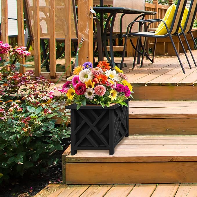 Lattice Design Outdoor Planter Box - 14.75” Square 13” Tall Black Plant Pot - Decorative Plant Pots for Front Porch Decor - Flower Pots Outdoor Planters for Porch Patio or Garden Decor by Pure Garden