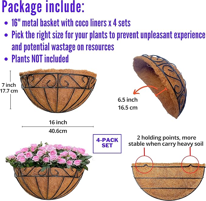 LaLaGreen 16 Inch Wall Mounted Flower Baskets, 4 Pack, Large Railing Planter Deck Rail Hanging Plant Pots Holders with Coco Liner Outdoor, Metal Herb Fence Porch Balcony Garden Patio Window Box Trough