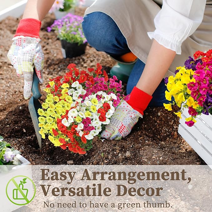 20PCS Artificial Fake Flowers for Outdoors/Indoors, Faux Silk Colorful Morning Glory with Eucalyptus, UV Resistant Realistic Floral Arrangement for Garden Porch Window Box Home Balcony Yard (5 Colors)