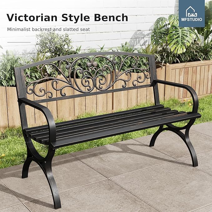 MFSTUDIO 50 Inches Outdoor Garden Bench, Cast Iron Metal Frame Patio Park Bench with Floral Pattern Backrest, Arch Legs for Porch, Lawn, Yard-Bronze