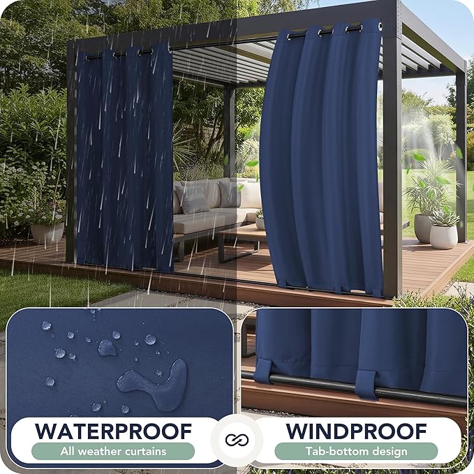 Outdoor Curtains for Patio Waterproof 6 Panels - Windproof, Privacy, Weatherproof Outside Drapes for Gazebo Pergola Porch, Grommet Top and Tab Bottom, 54x95 Inch, Navy