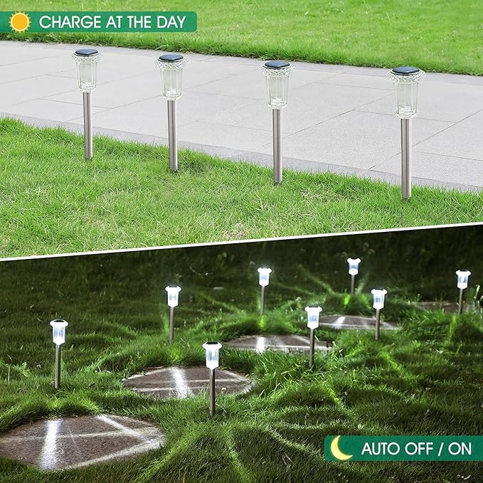 Solar Outdoor Lights, 10 Pack Waterproof Stainless Steel Solar Stake Lights for Pathway Garden Yard Path Walkway Driveway Lawn Patio Outside Decor, Cool White