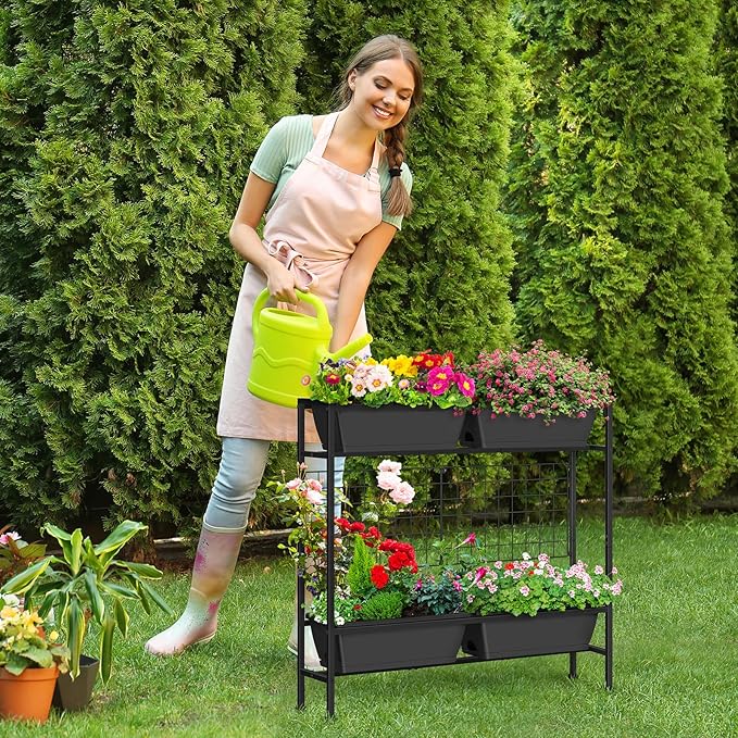 OYEAL Raised Garden Bed with Legs & Trellis, 32" Tall Vertical Garden Planter Boxes Outdoor Flower Bed for Gardening, Vegetables, Flowers, Herbs, Backyard, Grey