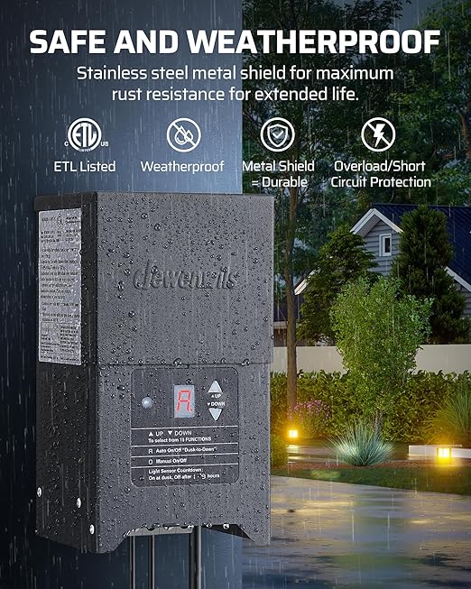 DEWENWILS 300W Low Voltage Landscape Lighting Transformer, 120V to 12/15V AC, Weatherproof Low Voltage Landscape Transformer with Photocell & Timer, Multi Zone Landscape Lighting Transformer