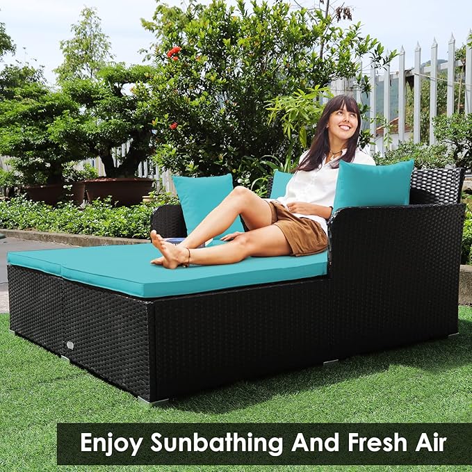 COSTWAY Outdoor Patio Rattan Daybed, Sponge Cushioned Loveseat Sofa with 4 Pillows, Wicker Furniture Sunbed for Balcony, Courtyard (Turquoise)