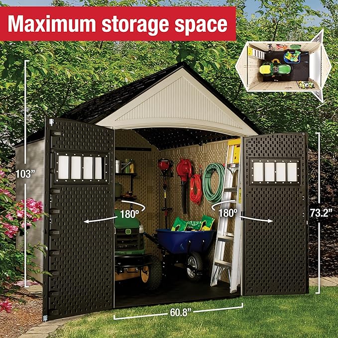 Rubbermaid Resin Outdoor Storage Shed With Floor (7 x 10.5 Ft) Weather Resistant, Brown Gable, Organization for Home/Backyard/Garden Tools/Lawn Mower/Bike Storage/Pool Supplies
