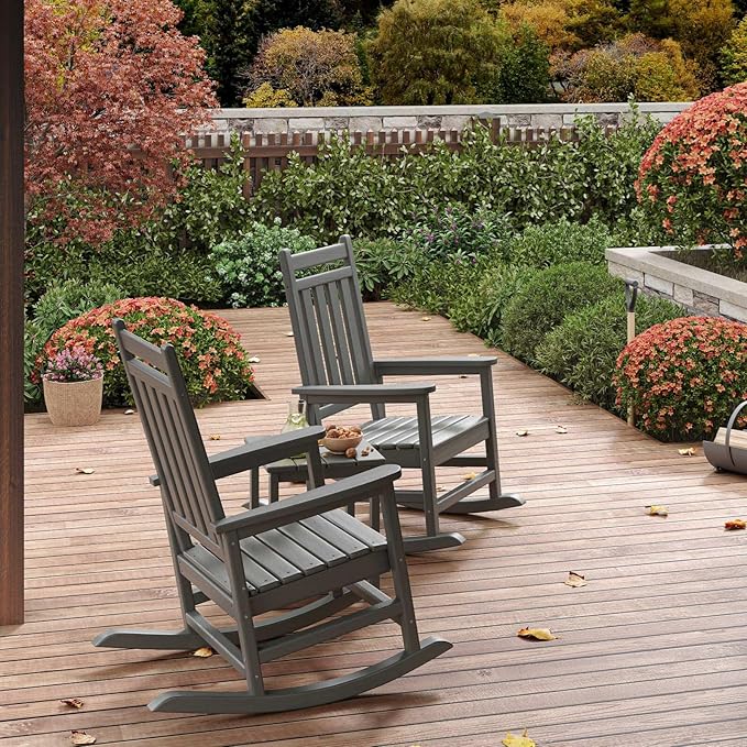 HDPE Rocking Chair Outdoor Set of 2 with Side Table - Poly High Back Porch Rocker Chairs for Adults - All Weather Resistant Furniture for Patio Front Porch - Gray