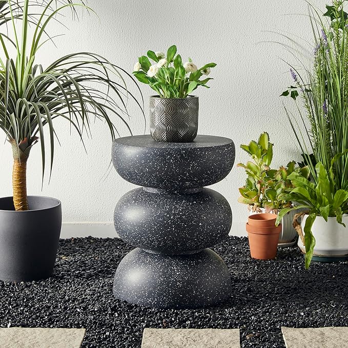 Glitzhome Outdoor Side Table, 18" H Decorative Garden Stool MGO Faux Terrazzo End Table, Heavy Duty Indoor Outdoor Round Planter Stand for Living Room Bedroom Patio Deck Poolside,Black