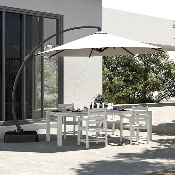5-Piece White Outdoor Dining Set with White 11FT Large Patio Umbrella, 75.2'' HDPE Table & Chairs for 8, Weather-Resistant Furniture with Umbrella Hole for Patio, Lawn, Poolside