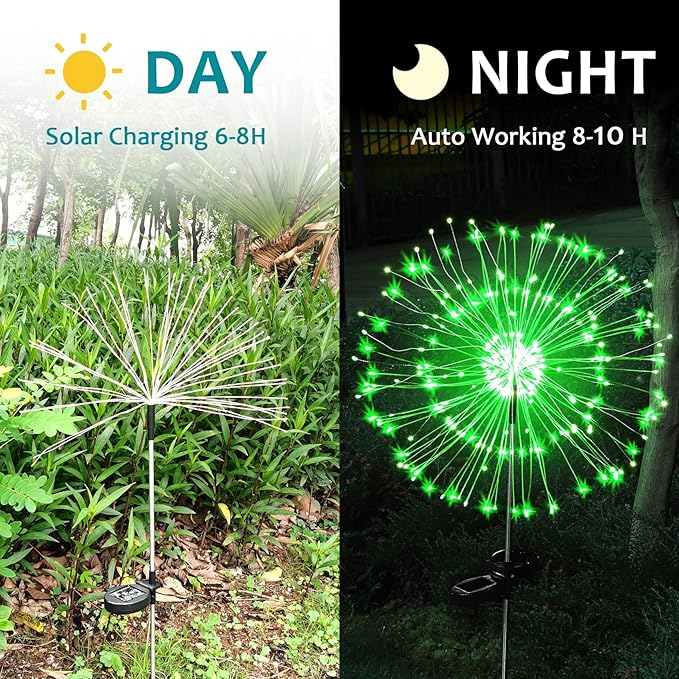 JJGoo Solar Firework Lights, 2 Pack 150 LEDs 2 Lighting Modes Solar Lights Outdoor Waterproof for Garden Patio Walkway Pathway Party Wedding Christmas Decorative - Green
