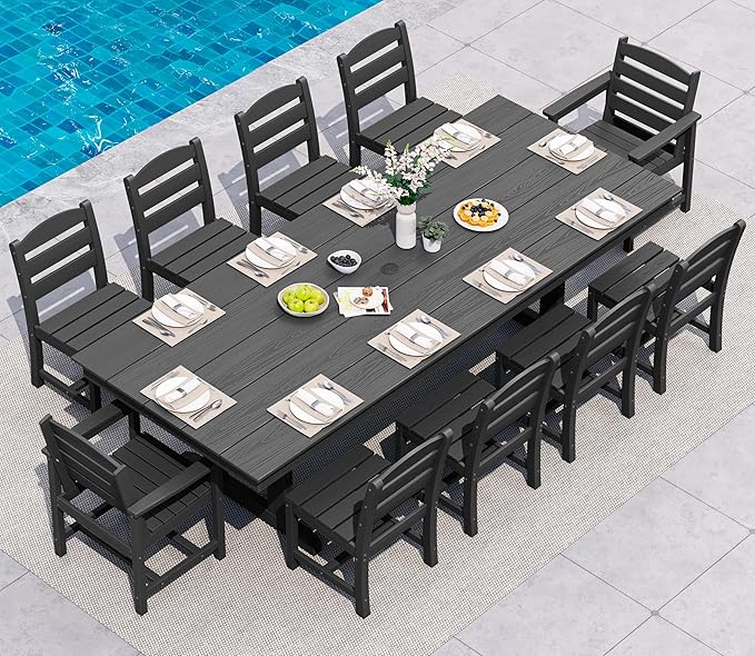 SERWALL 11 Piece Outdoor Dining Set, 84" HDPE Outdoor Table and Chairs for 10，All Weather Patio Furniture Set with Umbrella Hole for Backyard, Garden, Black