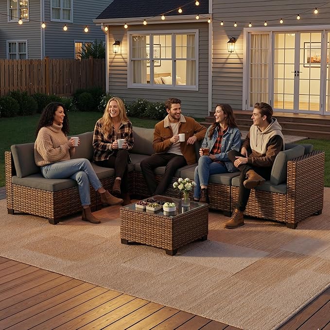 7 Pieces Patio Furniture Set, Outdoor Sectional Rattan Sofa Set, Wicker Patio Conversation Set with Cushions and Glass Coffee Table, for Balcony, Porch, Garden, Grey