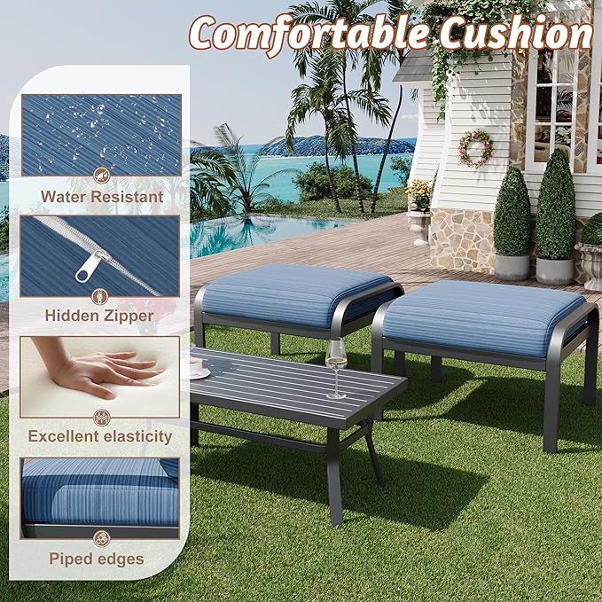 HOMREST Metal Outdoor Ottoman, 3-Piece Aluminum Footstool w/Removable Cushion, Multipurpose Footrest Stool with Coffee Side Table Additional Seating, Set of 3 Outdoor Ottomans for Patio Deck (Blue)