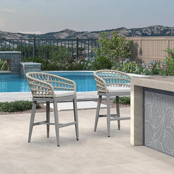 PURPLE LEAF Outdoor Rattan 24" Counter Height Bar Stools Chair Set of 2, Modern Patio Wicker Barstool with Backrest for Indoor and Outdoor, Kitchen Island, Light Grey