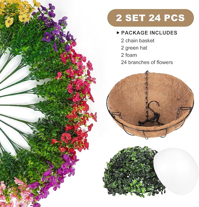 2 Set Artificial Faux Hanging Plants Flowers Basket for Outdoors Spring Summer Decoration, 2 Hanging Planters with 24pcs Fake Silk Flowers UV Resistant for Outside Porch Patio Garden Home 6 Multicolor