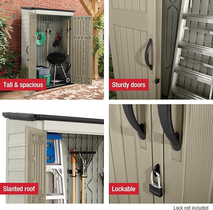 Rubbermaid Vertical Resin Outdoor Storage Shed With Floor (4 x 2.5 Ft) Weather Resistant Beige/Brown Organization for Home/Backyard/Pool Chemicals/Toys/Garden Tools/Porch/Patio Cushions