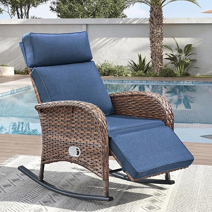 Zero Gravity Patio Rocking Wicker Recliner Chair - Wicker Outdoor Lounge Chair with Adjustable Backrest & Footrest, All Weather Reclining Rocker Chairs with Thick Cushion for Pool Deck Blue