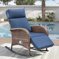 Zero Gravity Patio Rocking Wicker Recliner Chair - Wicker Outdoor Lounge Chair with Adjustable Backrest & Footrest, All Weather Reclining Rocker Chairs with Thick Cushion for Pool Deck Blue