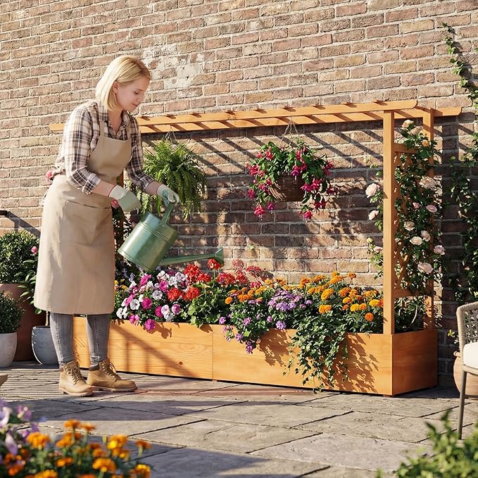 Giantex Raised Garden Bed with Trellis & Hanging Roof, Wood Planter Box with Bottom and Drainage Holes, Freestanding Garden Planter for Flower Vegetable Fruit Herb Climbing Vines (79" x 17.5" x 45")