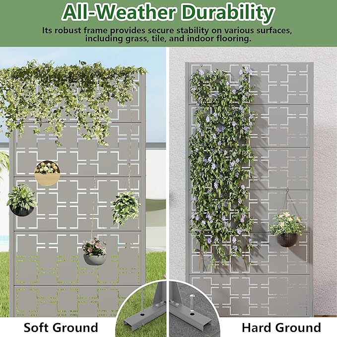 Casaphoria Metal Privacy Screen Outdoor, 60" H x 30" W Freestanding Decorative Privacy Screen for Patio Deck Balcony Garden with Stable Base, Grey-Square