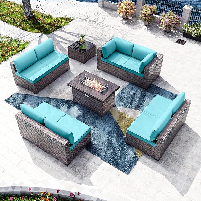 Kullavik 10 Pieces Outdoor Patio Furniture Set with 43" 55000BTU Gas Propane Fire Pit Table PE Wicker Rattan Sectional Sofa Patio Conversation Sets,Blue