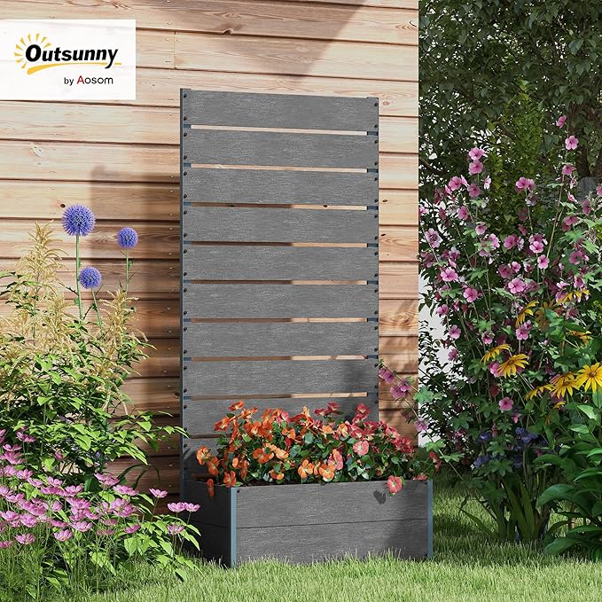 Outsunny Raised Garden Bed with Trellis for Climbing Plants, Planter Box with Self Draining Gap, Freestanding Trellis Planter for Outdoor, Patio, Deck, 28.25" x 15" x 59", Gray