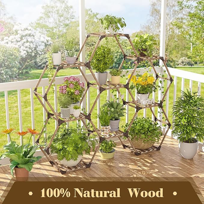 Tikea Hexagonal Plant Stand Indoor Plant Stand for Multiple Plants Outdoor Large Wooden Plant Shelf 6 Tiered 9 Potted Plant Holder Flowers Stand for Patio Balcony Window Living Room
