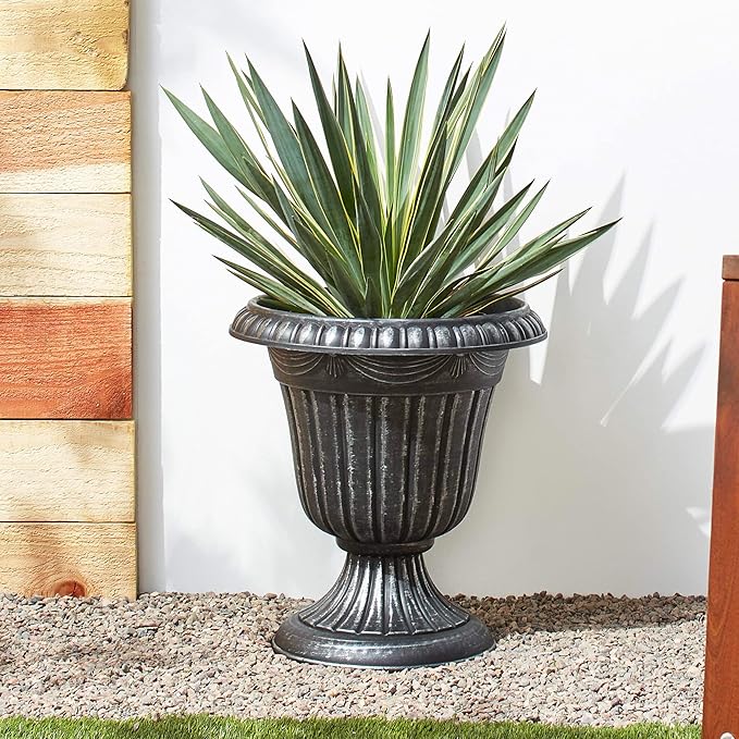 Arcadia Garden Products PL10SL Classic Traditional Plastic Urn Planter Indoor/Outdoor, 15" x 13", Brushed Silver