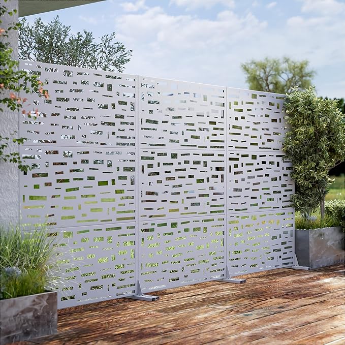 Casaphoria Metal Privacy Screen Outdoor, 72" H x 47" W Freestanding Decorative Privacy Screen for Patio Deck Balcony Garden with Stable Base, White-Gerald
