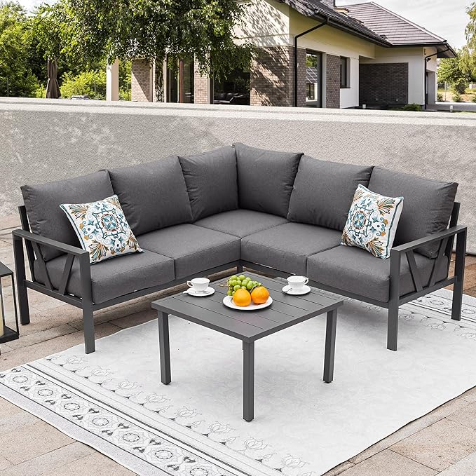 Patio Furniture Set, 6 Pieces Outdoor Couch Sectional, L Shaped Patio Sofa, Metal Patio Couch Sectional with Side Table, Outdoor Seating Conversation Set, Grey