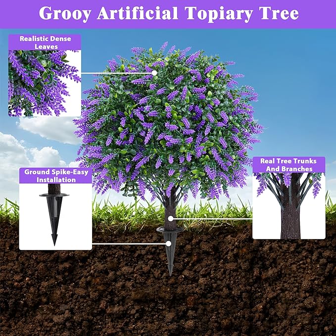 Artificial Boxwood Topiary Ball with Lavender, Set of 2 Artificial Shrub Bushes with Ground Spike, UV Resistant Fake Evergreen Plant Tree for Porch Outdoor Planters Indoor Valentine's Day