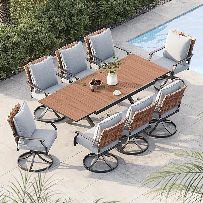 Grand patio 9-Piece Outdoor Dining Set, 8 Leather-Look Wicker Swivel Patio Chairs & 1 Extendable Rectangular Dining Table, Brown