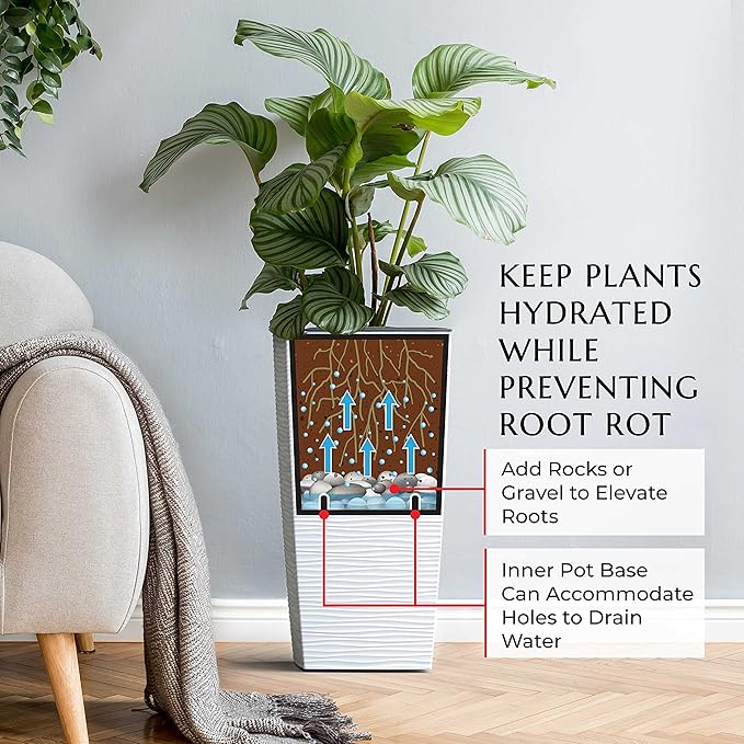 Mueller M-Resin Heavy Duty Tall Planters for Outdoor Plants, Indoor Grande Plant Pots, Boxes, Trees, Flower Pots, 2-Piece Set, 24”, Modern Design, Built-in Drainage, Front Porch Decor, White