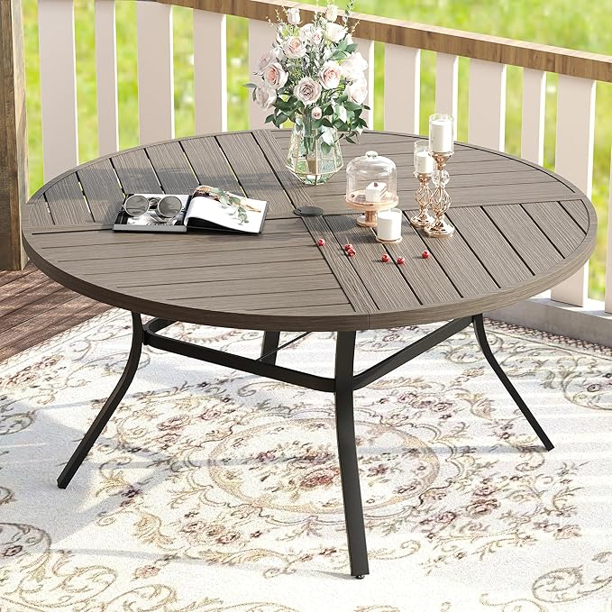 VICLLAX Round Patio Table with Adjustable Umbrella Hole for 8, All Weather Metal Outdoor Dining Table for Lawn Garden, 59.8" Outdoor Coffee Table, Grey Wood-Like Tabletop