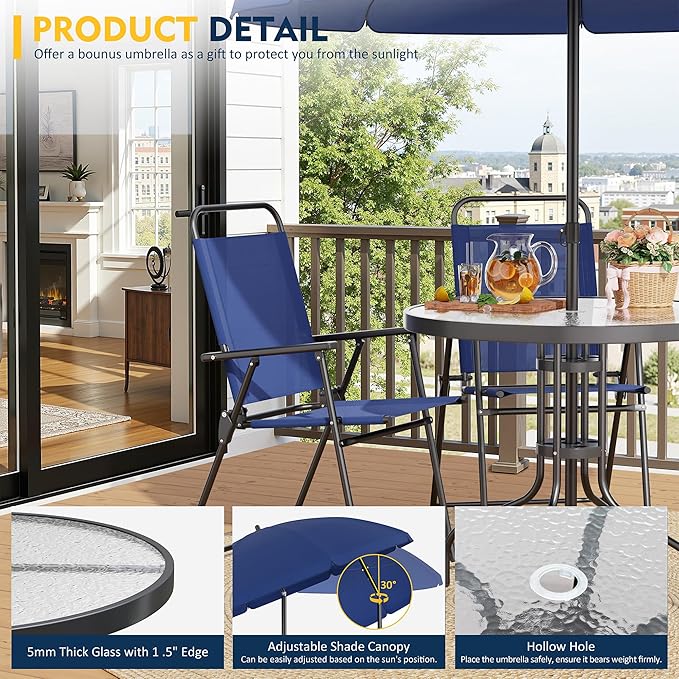 Shintenchi 6 Piece Patio Dining Set with Umbrella, Outdoor Furniture Set with 4 Folding Chairs and Tempered Glass Top Dining Table fot Lawn Backyard Garden Porch Blue
