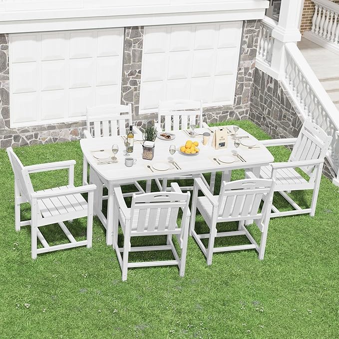 HDPE Outdoor Patio Dining Set with Table & 6 Chairs, All-Weather 7-Piece Outdoor Table and Chairs, 2" Umbrella Hole, Patio Furniture for Garden, Backyard, Deck | White
