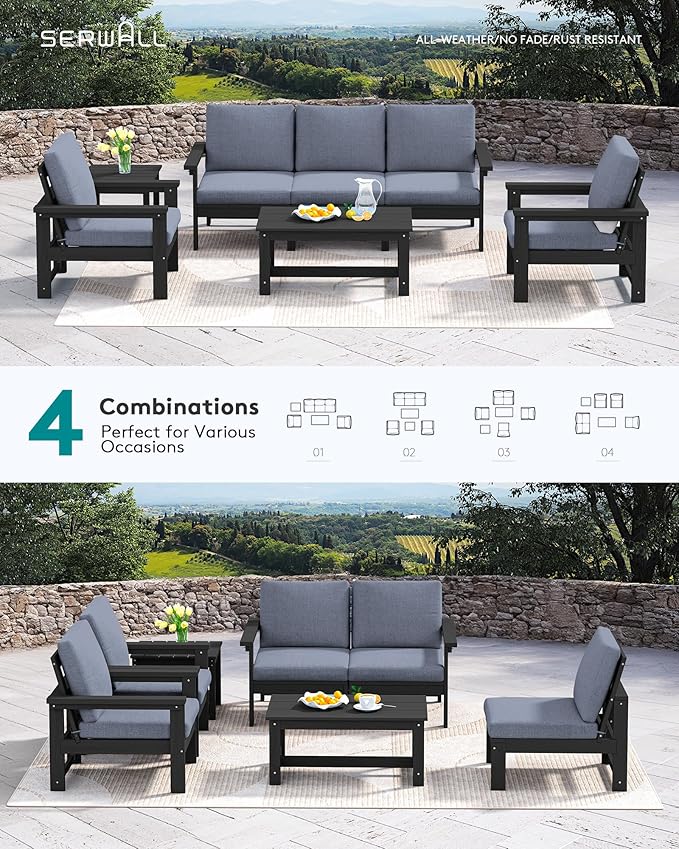 SERWALL HDPE Patio Furniture Set, 7-piece Outdoor Sectional Sofa Set, All Weather Outdoor Couch Set for Deck, Lawn, Black Frame with Grey Cushion