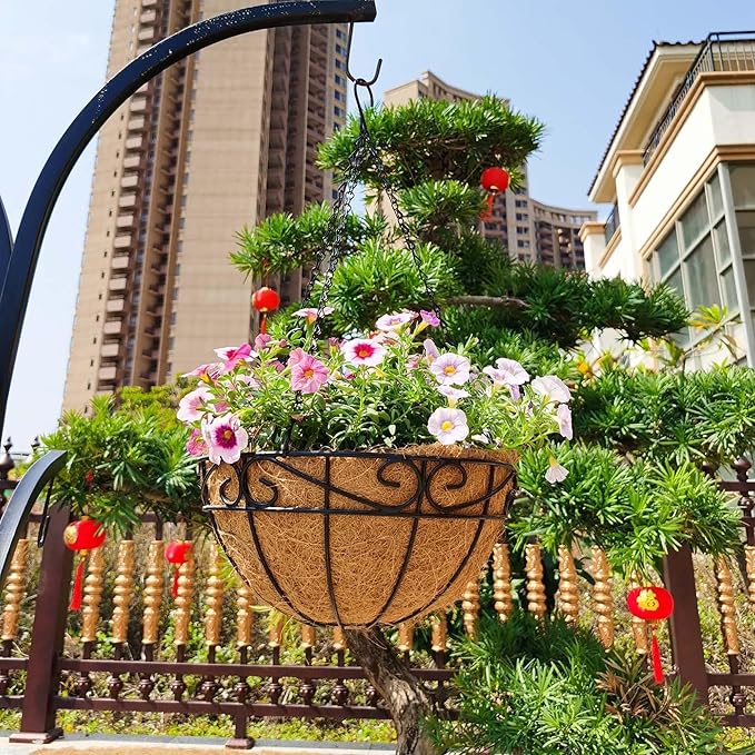 4 Pack 14 Inch Hanging Baskets for Plants Outdoor Metal Hanging Planter Hanging Flower Baskets with Coco Fiber Liners Chain Round Wire Plant Holder Hangings Flower Pots(Plaid)
