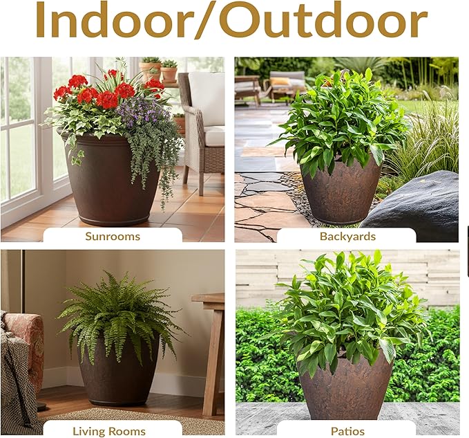 Sunnydaze 24-Inch Anjelica Large Plastic Pot for Plants - Outdoor Double-Walled Large Plastic Planter with Drillable Drainage Holes - Rust - 2pk