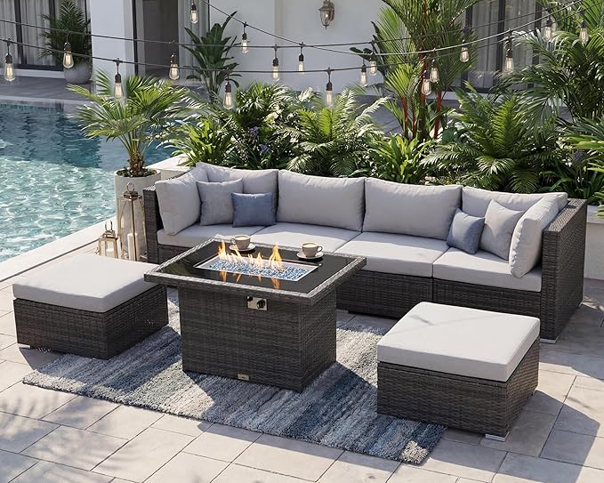 NICESOUL 6 Seats Modern Outdoor Furniture Set with Firepits Natural Gas/Propane, Extra Large Wicker Patio Sofa Sectionals for Outside, 29.3'' High Backrest Modular Deep Seated Conversations, Gray