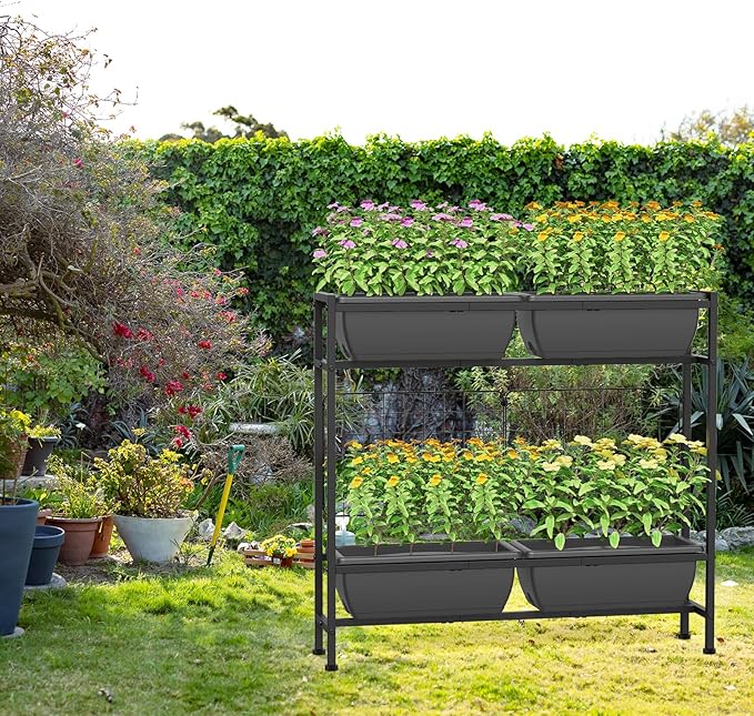 CADUKE Raised Planter Box, Plastic Raised Garden Bed with Legs, Standing Planter Box with Drainage Holes & Trellis, 32" Elevated Flower Beds Outdoor & Indoor for Vegetables, Balcony, Patio, Grey