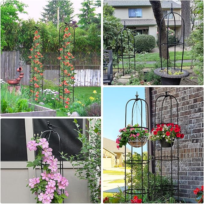 Tower Obelisk Garden Trellis for Climbing Plant，6.2FT/74.4" Rustproof Metal Potted Plant Climbing Support for Indoor Outdoor Flowers Vegetable Fruits Vines Support （1pcs）