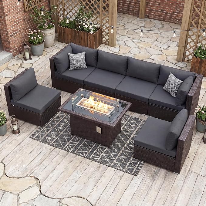 NICESOUL 7 Piece Large Size Outdoor Patio Furniture Set with Fire Pit, 29.3'' High Back Deep Seat Sectional Conversation Sets, Heavy Duty Modern Backyard Sitting, Brown Rattan and Dark Grey Cushion