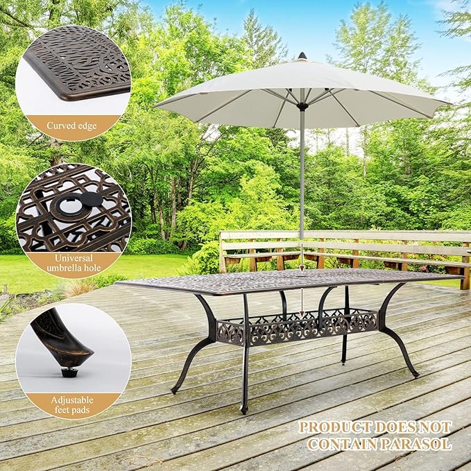 Outdoor Patio Dining Table - All-Weather Cast Aluminum 87" x 28.5“ Patio Rectangular Table with 2" Umbrella Hole for Balcony Lawn Garden Backyard
